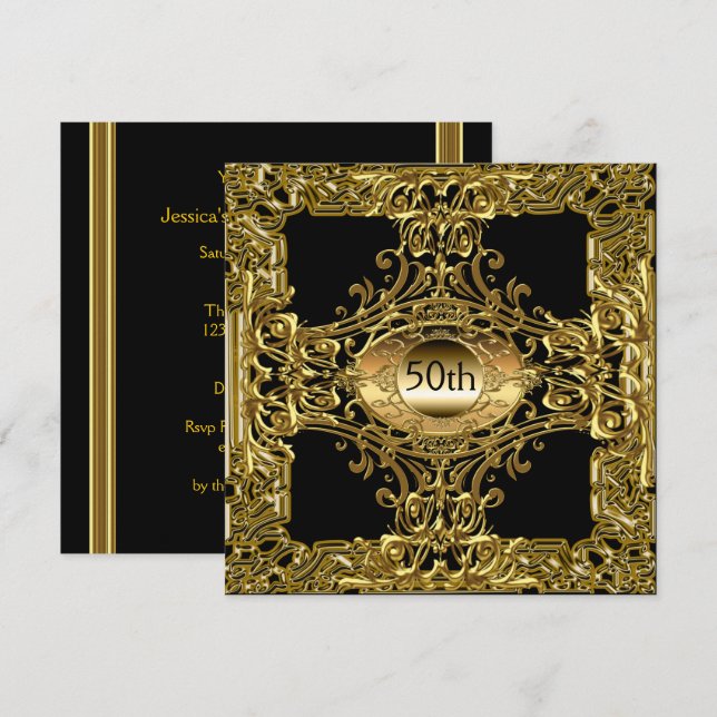 Invitation Gold Black fête d'anniversaire de luxe (Devant / Derrière)