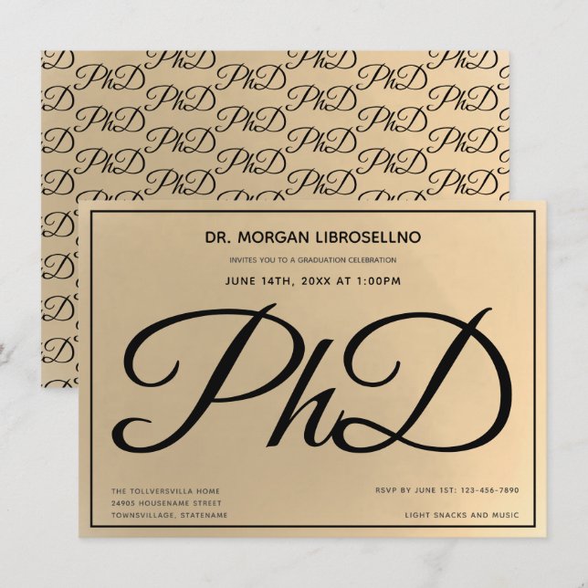 Invitation Gold Black Fête de graduation de doctorat (Devant / Derrière)