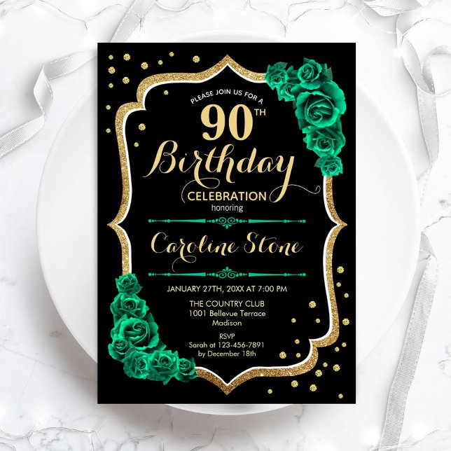 Invitation Gold Black Green Rose 90e anniversaire (Créateur téléchargé)