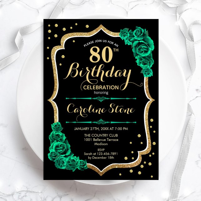 Invitation Gold Black Green Roses 80e anniversaire (Créateur téléchargé)