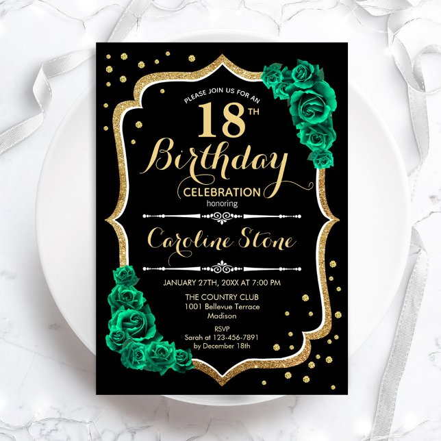 Invitation Gold Black Green Roses Élégant 18e anniversaire (Créateur téléchargé)