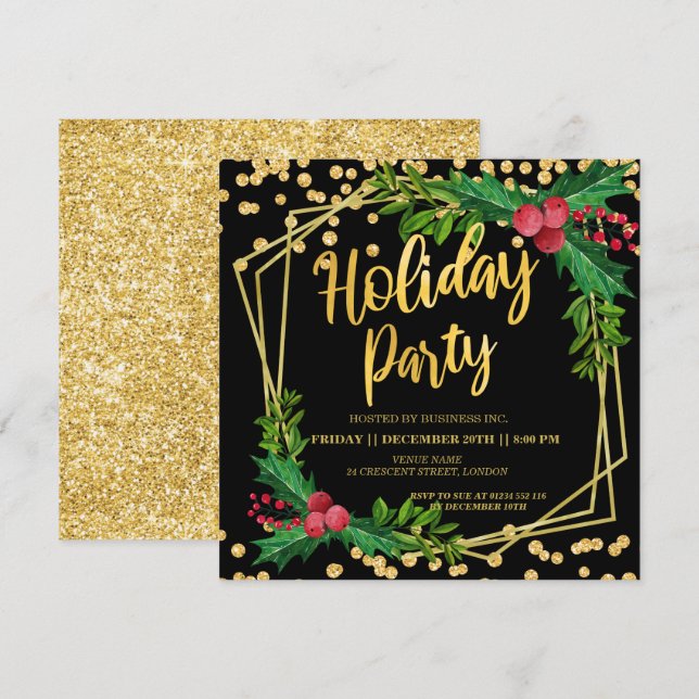 Invitation Gold Black Holly Frame Parties scintillant Vacance (Devant / Derrière)