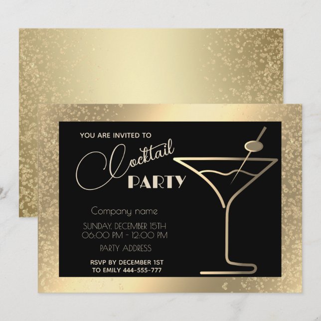 Invitation Gold Black luxe cocktail de vacances (Devant / Derrière)