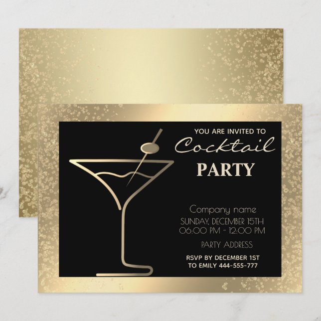 Invitation Gold Black luxe cocktail de vacances (Devant / Derrière)