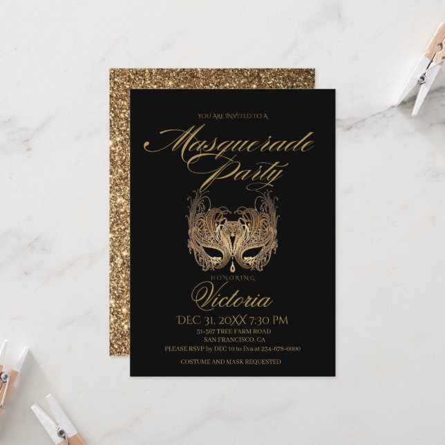 Invitation Gold Black Masquerade Party Anniversaire (Devant/Arrière en situation)
