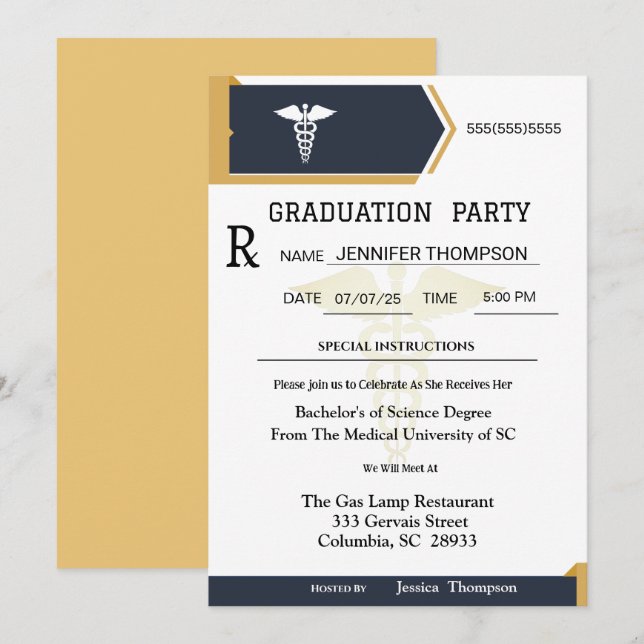 Invitation Gold Black Médicale Prescription Pad Graduation (Devant / Derrière)