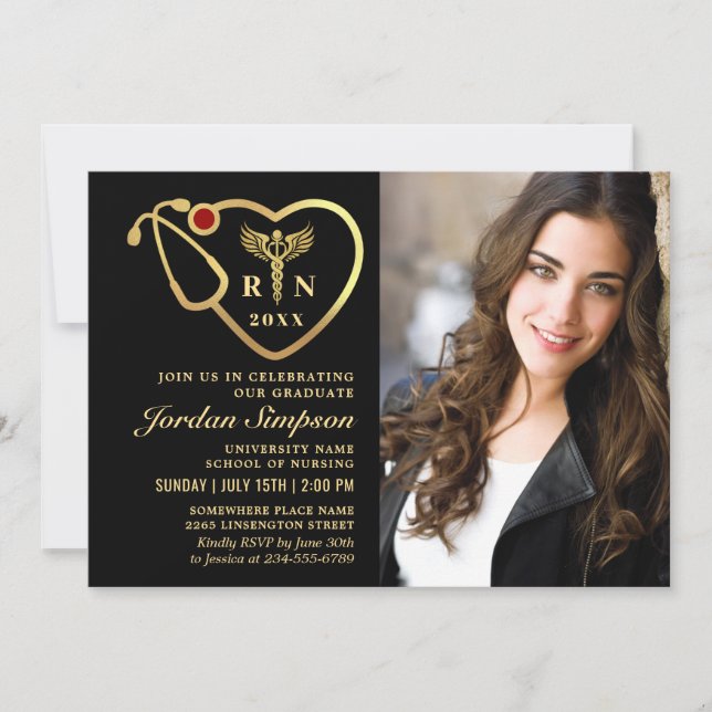 Invitation Gold Black Modern Nursing School Graduation Party (Devant)