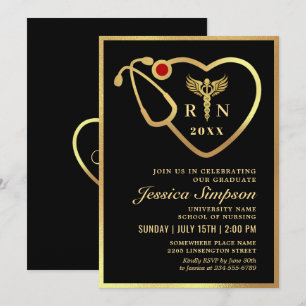 Invitation Gold Black Modern Nursing School Graduation Party