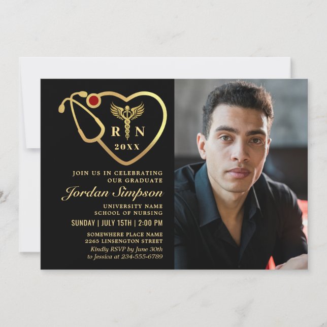 Invitation Gold Black Modern Nursing School Graduation Party (Devant)