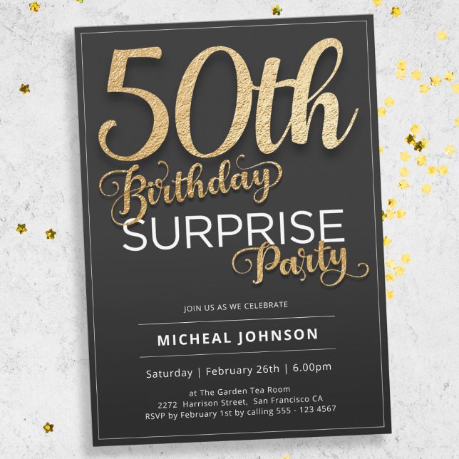 Invitation Gold Black Moderne 50e anniversaire Surprise Party (Mockup View)