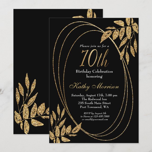 Invitation Gold Black Parties scintillant 70e anniversaire (Devant / Derrière)