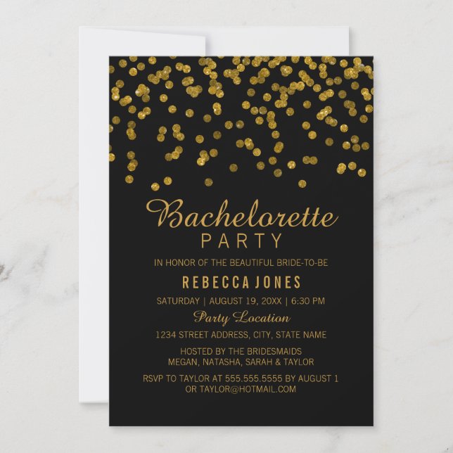 Invitation Gold Black Parties scintillant confetti Bacheloret (Devant)