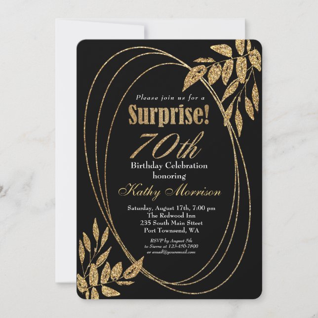 Invitation Gold Black Parties scintillant Surprise 70e fête d (Devant)
