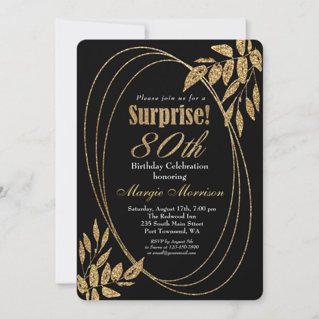 Invitation Gold Black Parties scintillant Surprise 80e annive (Devant)