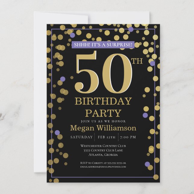 Invitation Gold Black Purple Surprise 50e anniversaire (Devant)