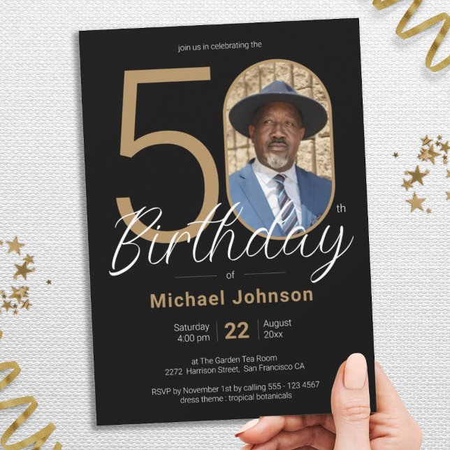 Invitation Gold Black Simple Chic Photo personnalisée 50e ann (Gold Black Simple Chic Custom Photo 50th Birthday Invitation)