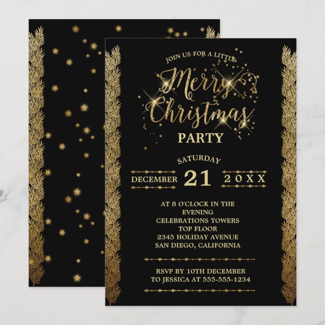 Invitation Gold Black Sparkings Joyeux Noël Party (Devant / Derrière)