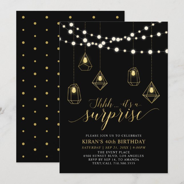 Invitation Gold & Black String Lumières Surprise fête d'anniv (Devant / Derrière)