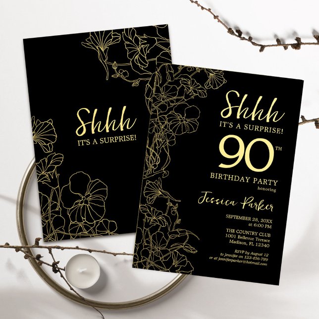 Invitation Gold Black Surprise 90e anniversaire (Créateur téléchargé)