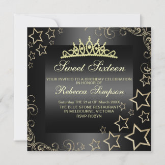 Invitation Gold/Black Sweet16 Star & Tiara Birthday Invitatio