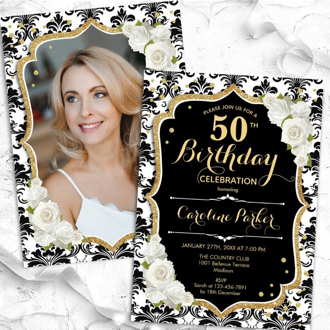 Invitation Gold Black White Damask Photo 50th Birthday (Créateur téléchargé)