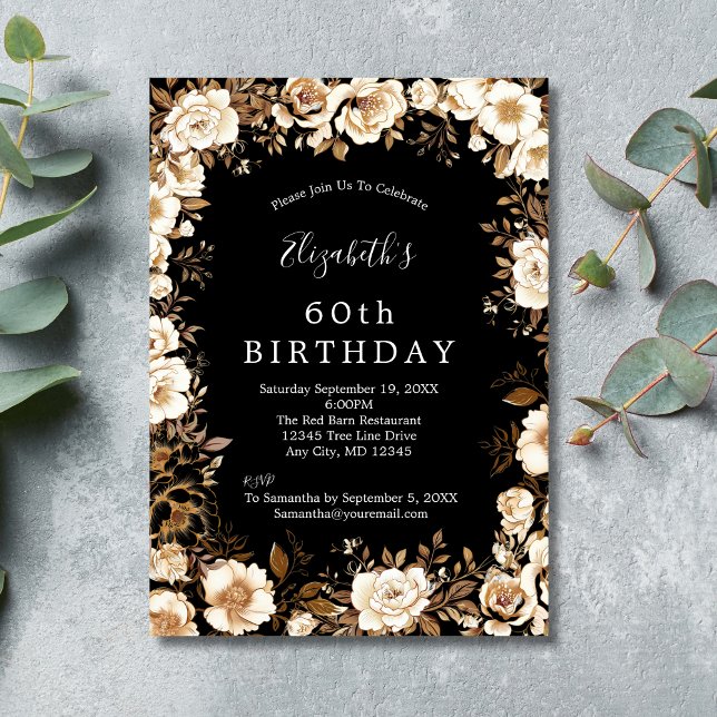 Invitation Gold Black White Floral 60e 70e 80e anniversaire (Black White Gold Floral Watercolor 60th 70th 80th Women's Birthday Invitation)