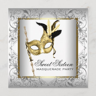 Invitation Gold Black White Sweet sixteen Masquerade Party