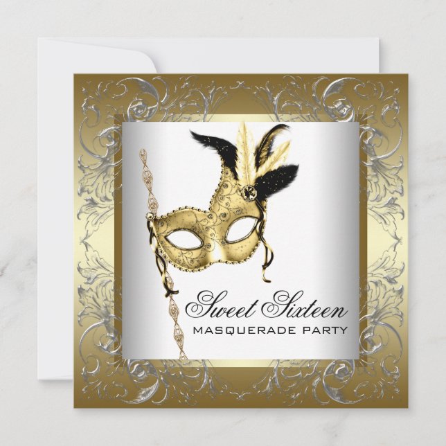 Invitation Gold Black White Sweet sixteen Masquerade Party (Devant)