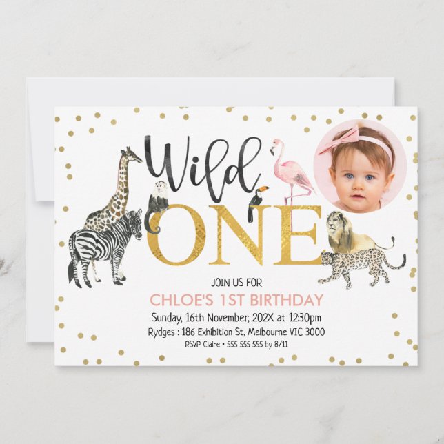 Invitation Gold Black Wild One Safari Animaux Anniversaire Ph (Devant)