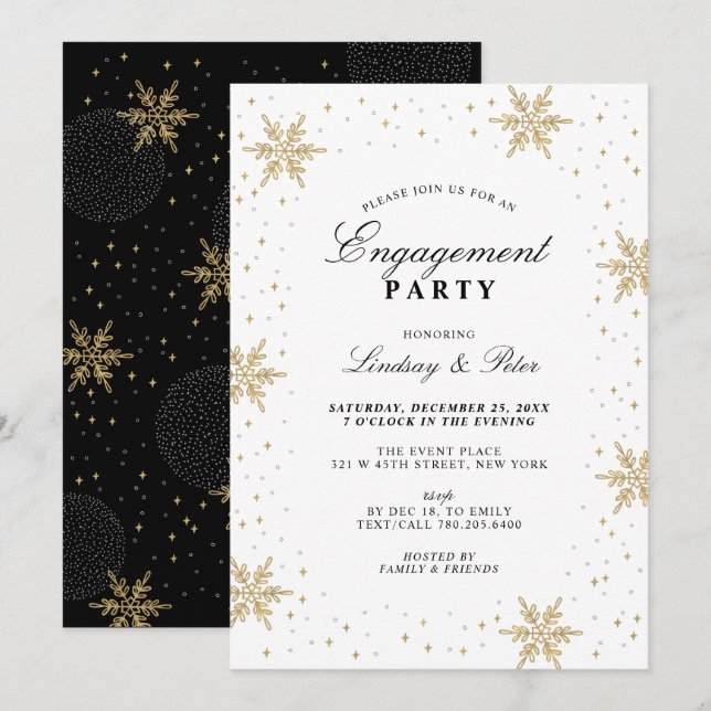 Invitation Gold & Black Winter Christmas Engagement Party Inv (Devant / Derrière)