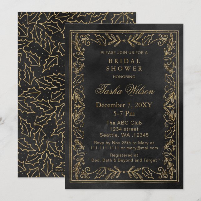 Invitation Gold Black Winter Foliage Fête des mariées de vaca (Devant / Derrière)