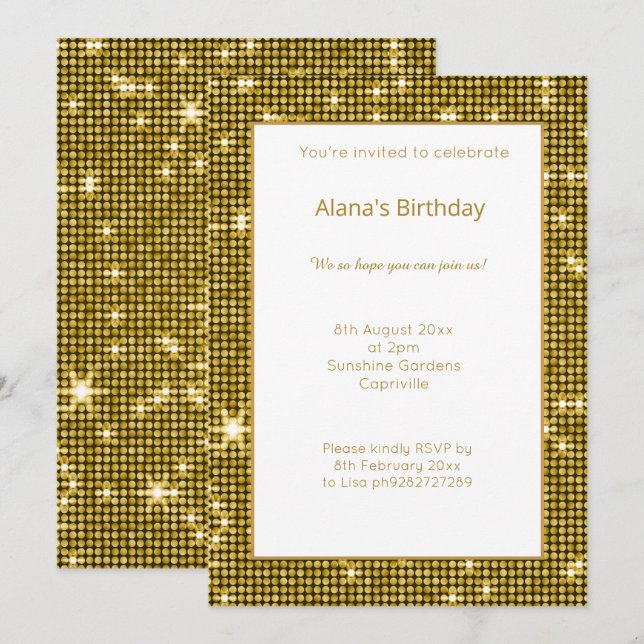 Invitation GOLD BLANC DiSCO MÉTALLIQUE ANNIVERSAIRE INVITATIO (Devant / Derrière)