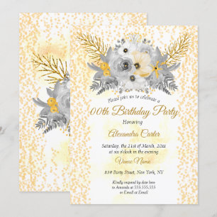 Invitation Gold Blanc gris floral Bouquet fête d'anniversaire
