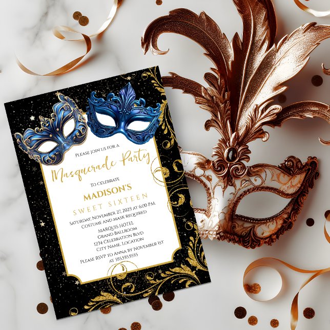 Invitation Gold Blue Anniversaire Masquerade Party (Celebrate a birthday with an elegant masquerade ball by inviting your guests with this invitation.)