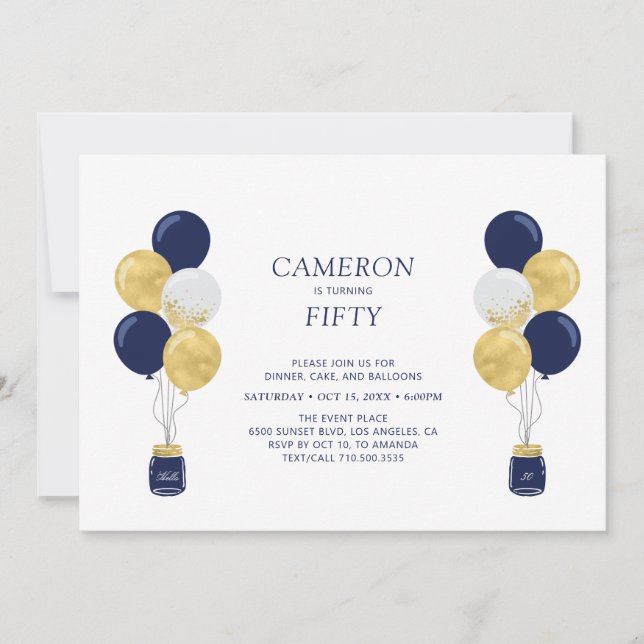 Invitation Gold & Blue Balloons Moderne Adulte fête d'anniver (Devant)