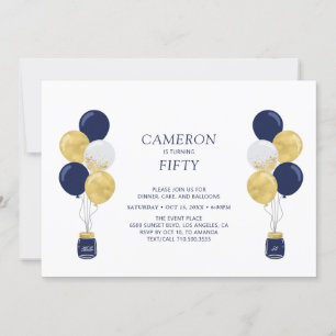 Invitation Gold & Blue Balloons Moderne Adulte fête d'anniver
