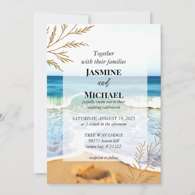 Invitation Gold Blue Beach Waves (Devant)