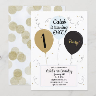 Invitation Gold Blue & Black Balloons Boys 1er anniversaire