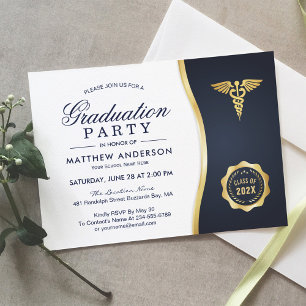 Invitation Gold Blue Caduceus Médicale School Graduation Part