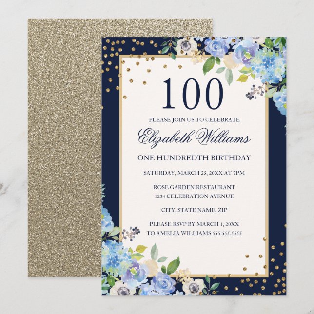 Invitation Gold Blue floral Sparkle 100e anniversaire Invitat (Devant / Derrière)
