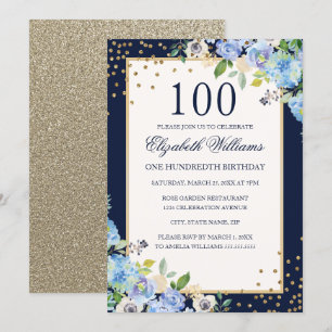 Invitation Gold Blue floral Sparkle 100e anniversaire Invitat