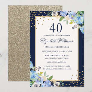Invitation Gold Blue floral Sparkle 40e anniversaire Invitati