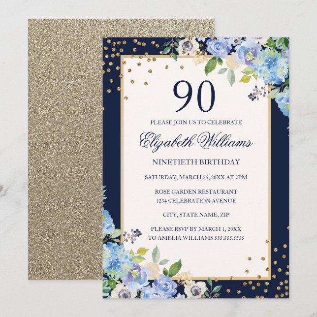 Invitation Gold Blue floral Sparkle 90e anniversaire Invitati (Devant / Derrière)