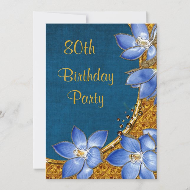 Invitation Gold & Blue Flowers 80e anniversaire (Devant)