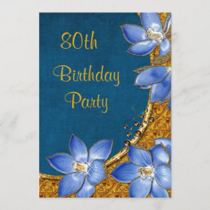 Invitation Gold & Blue Flowers 80e anniversaire