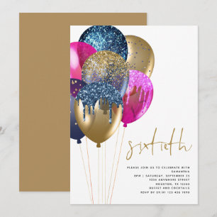 Invitation Gold Blue Fuchsia Parties scintillant Ballons 60e