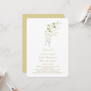Invitation Gold Blue Hearts Champagne Cheers Fiançailles chic