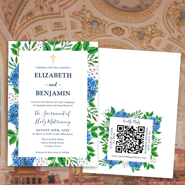 Invitation Gold Blue Hydrangeas QR Code Mariage catholique (Créateur téléchargé)