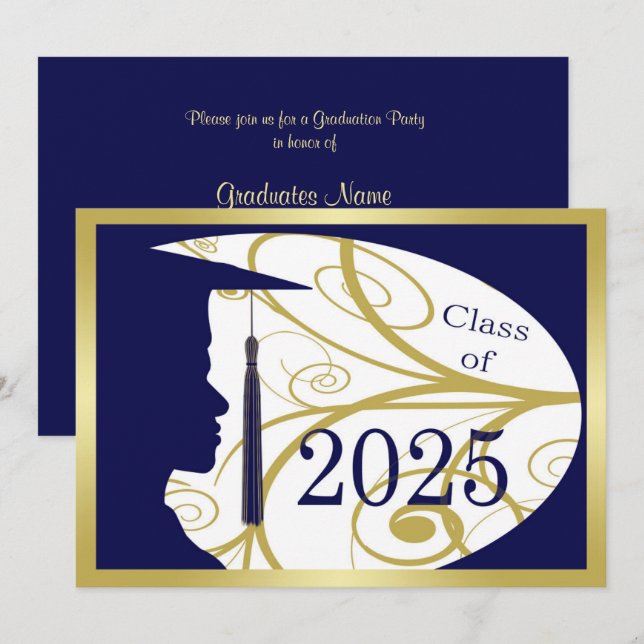 Invitation Gold/Blue Man Silhouette 2025 Graduation Party (Devant / Derrière)