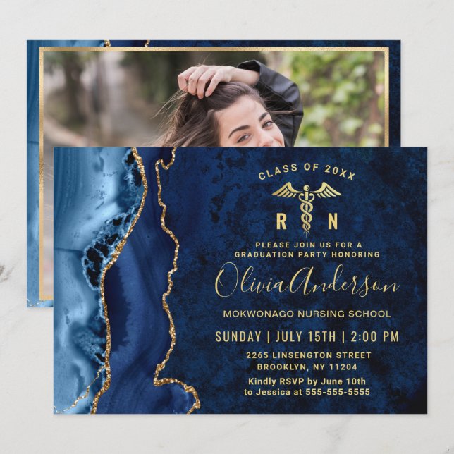 Invitation Gold Blue Nursing School Graduation Party (Devant / Derrière)